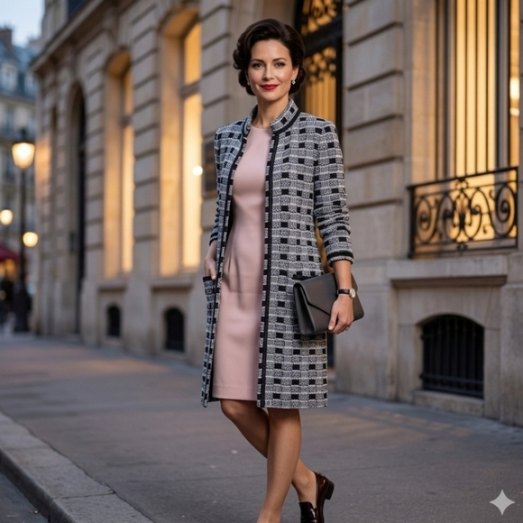 St. John Jackets & Blazers - St. John Collection Tweed Black/White Long Jacket Women's 14 Checkered Coat